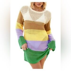 NWT Langwyqu Summer Crochet Swimsuit Coverup Beach Dress  Color Block XL